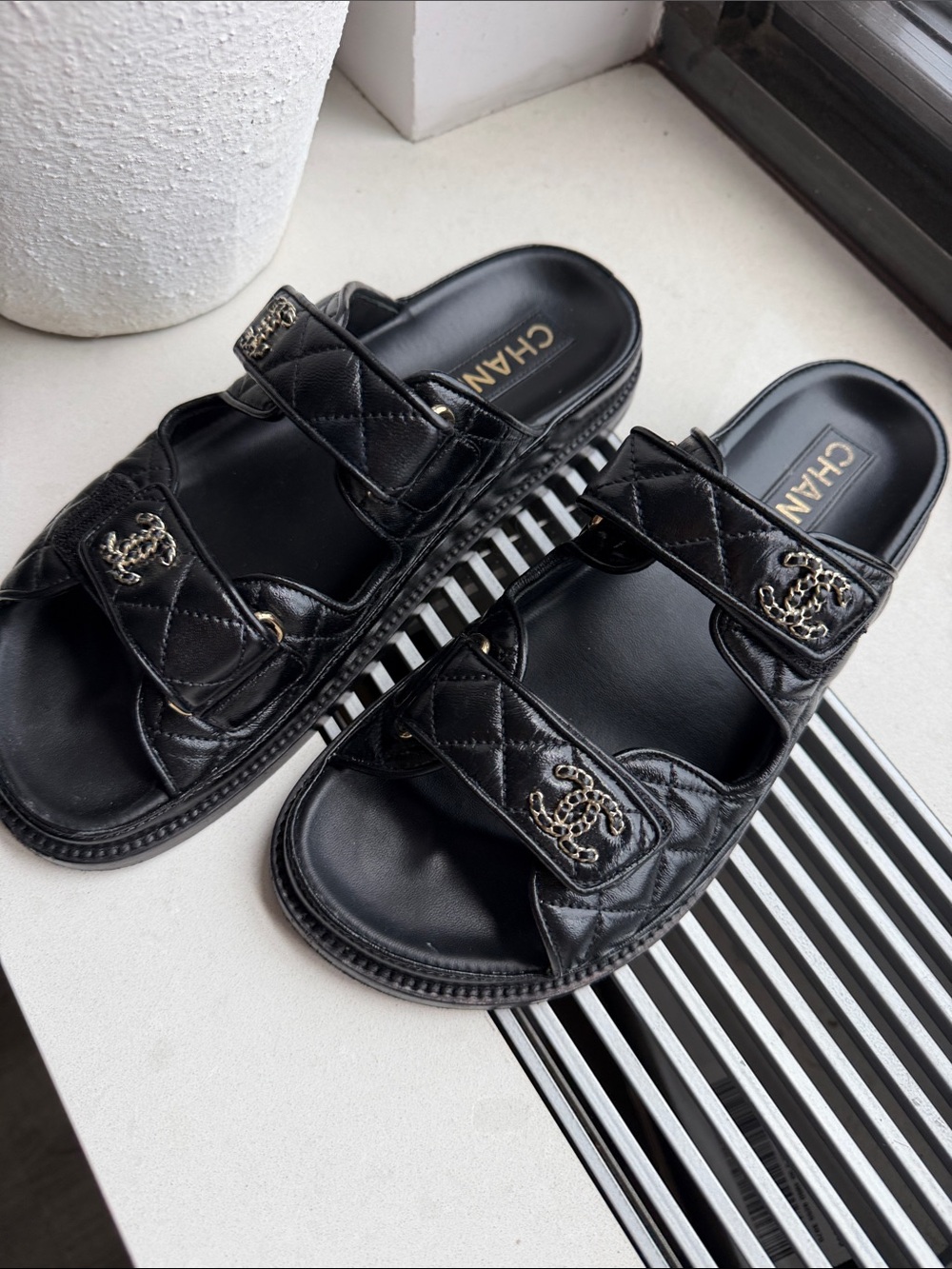 CHANEL Black Quilted Leather dad Double-Strap Slides with CC Emblem